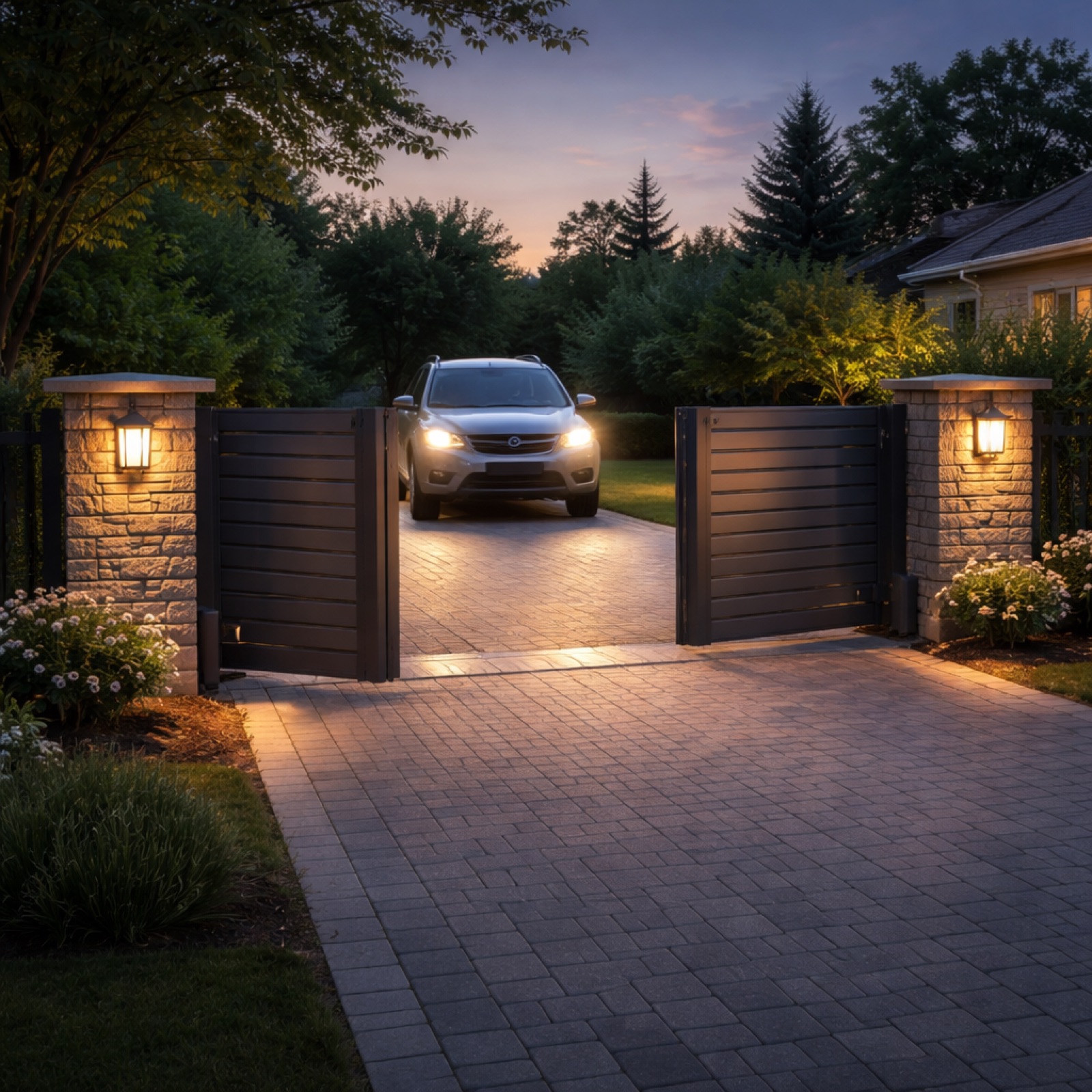 A realistic scene of a suburban driveway at dusk, showing a modern automated gate with illuminated welcome lights and a car approaching. Alt: cost-effective automated gate solution for homeowners