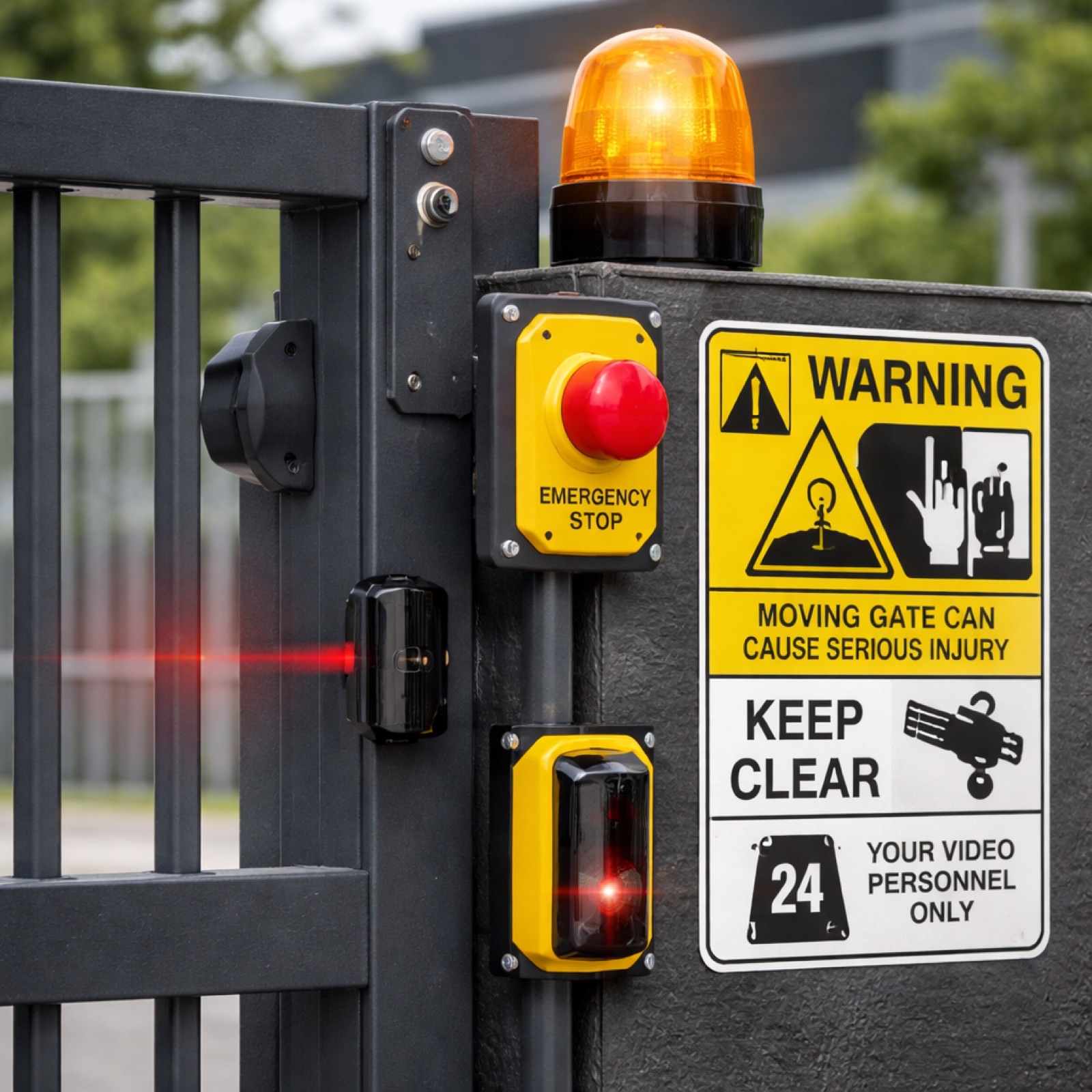 Gate automation safety features including photo-eye sensors and warning systems for compliance pricing