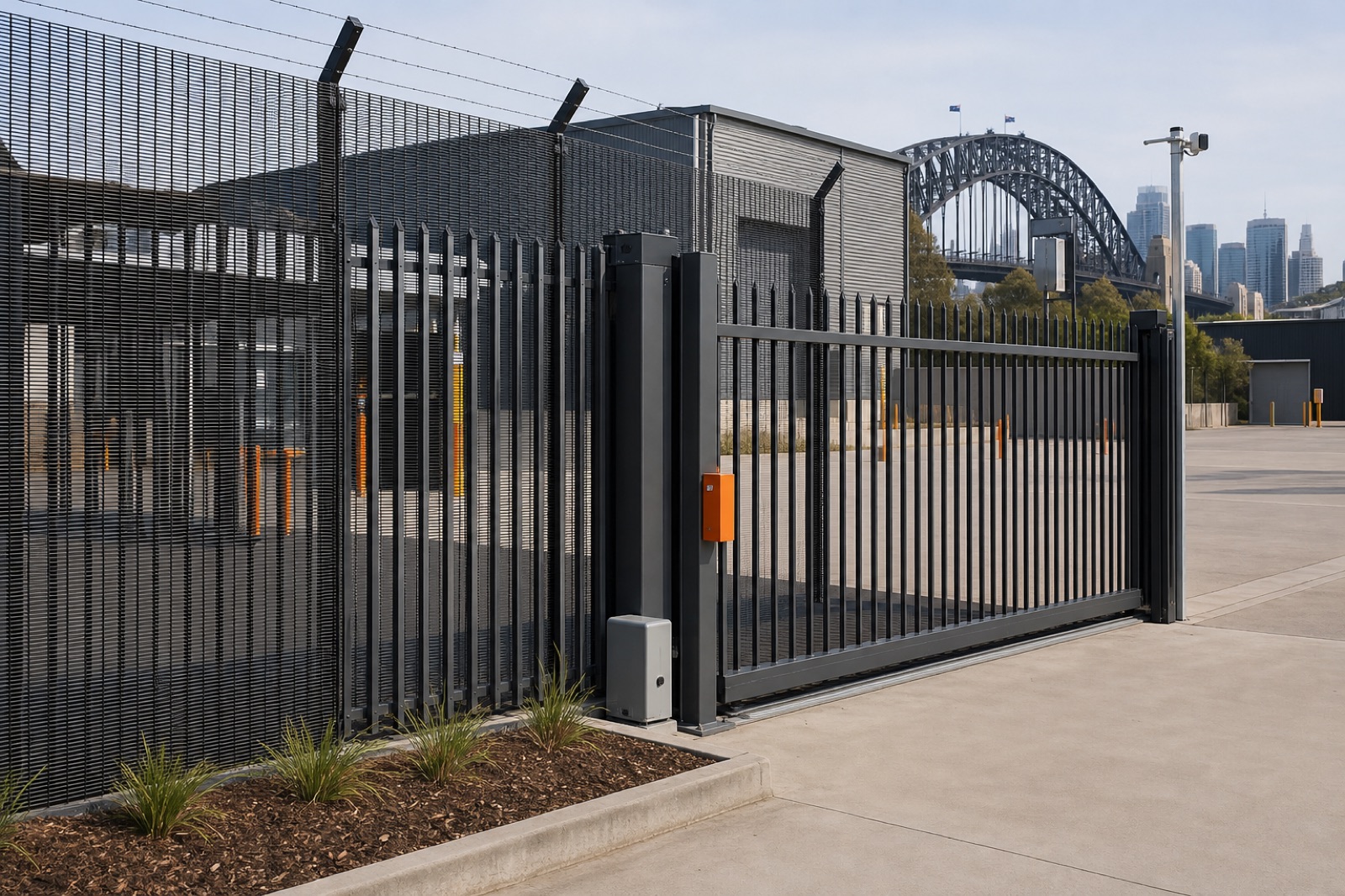 Commercial security fencing in Sydney with 358 mesh, palisade fencing and automated gates.